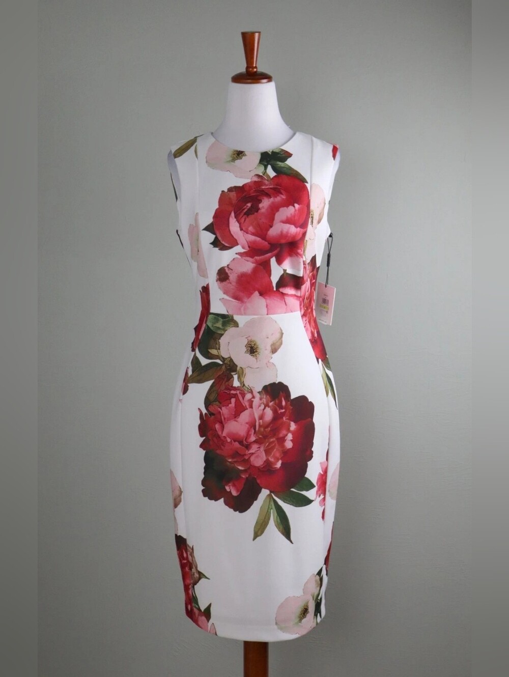 Floral Sheath Dress - White with Red Bloom Print